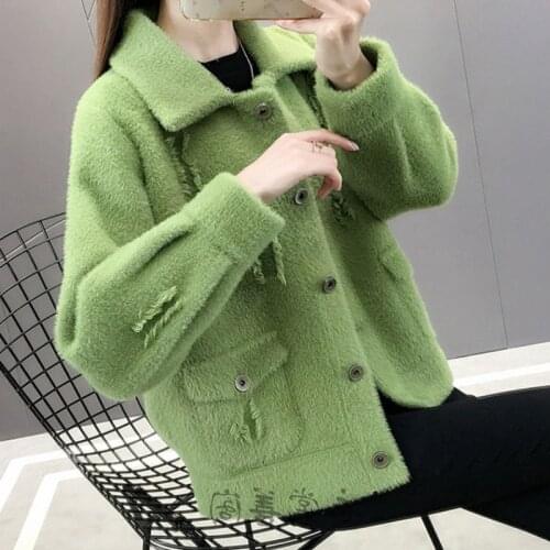 Faux Mink Velvet Pocket Lapel Knitted Sweater Women Long-sleeved Stitched Diamond Single-breasted Cardigan Sweater Female Spring