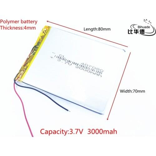 1pcs/lot Li-ion battery 3.7v 3000mAh Lithium Polymer Battery For Mp3 7 inch 8 inch GPS NAV 407080