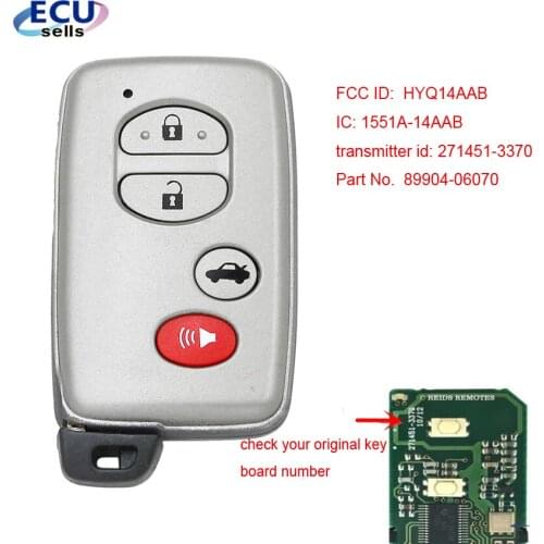 4 Button Prox Smart Key Fob 314.3/312/315/433MHz for Toyota Corolla Camry Avalon 2008-2012 FCC: HYQ14AAB ID: 3370