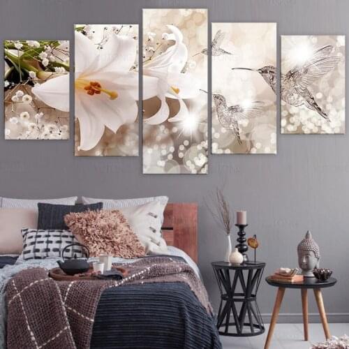 5 pcs White Lily Flower Canvas Painting Abstract Humminbird Animal Wall Art print poster for living room home decoration framed
