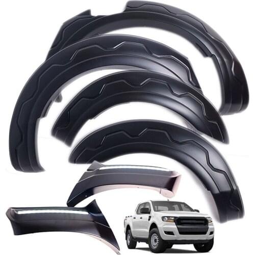9 Inches Black Mudguards Wheel Arch Fender Flares With DRL LED For Ford Ranger Wildtrak T7 2015- 2017 Double Cabin Super Cabin