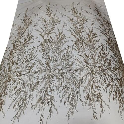 Africa High Quality Floral Lace Materials Sequin Fabric 5 Yards Champagne Tulle Mesh for Sewing Gorgeous Glitter Wedding Dresses