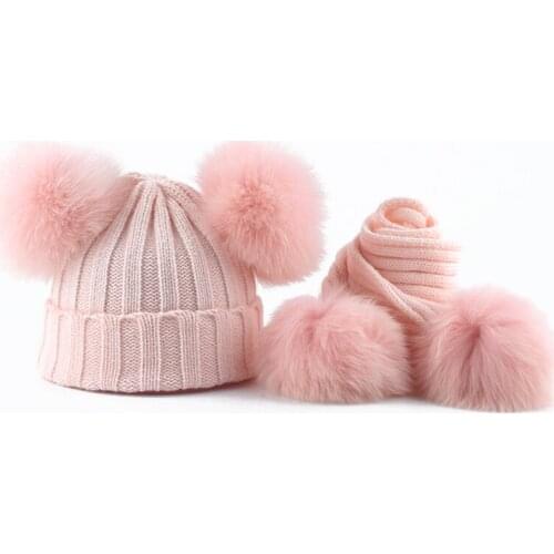 Children Real Fox Fur Pompom Knitting Beanie Hats Scarves Set Suit Baby Boys Girls Hats Winter 4 Pieces Pompom Fur Hat 2019
