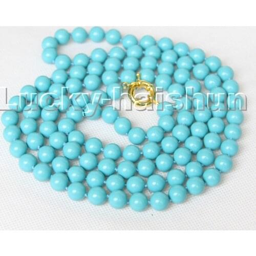 Long 132cm 10mm Round Sky-blue Turquoise Beads Necklace C324