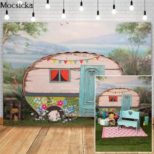 Gone Camping Cake Smash Photography Backdrops For Children Birthday Photographic Studio Photo Backgrounds Spring Park Flowers