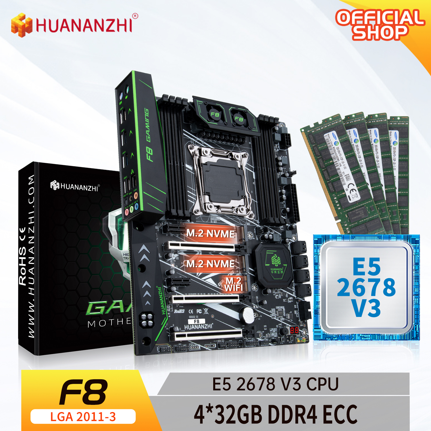 HUANANZHI X99 F8 X99 Motherboard with Intel XEON E5 2678 V3 with 4*32G DDR4 RECC memory combo kit set SATA 3.0 USB 3.0