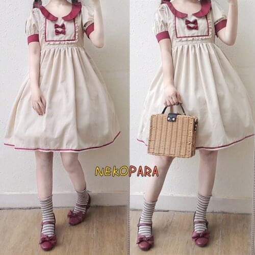 Cranberries Cute Womens Lolita OP Dress Nice Bows Trim Bib With Fold One Piece Color Apricot Dark Red Edge Sweet Dress