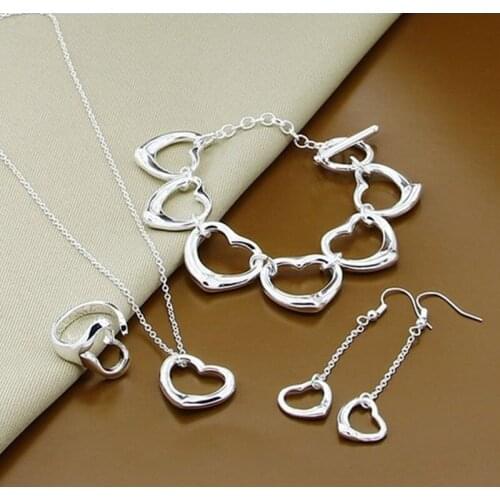 925 Sterling Silver Heart Necklace Bracelet Earring Ring Set For Woman Wedding Engagement Fashion Jewelry Gift