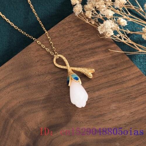 White Jade Flower Pendant Zircon Necklace Jewelry Natural Gemstone Chinese 925 Silver Charm Crystal Gifts Chalcedony Amulet
