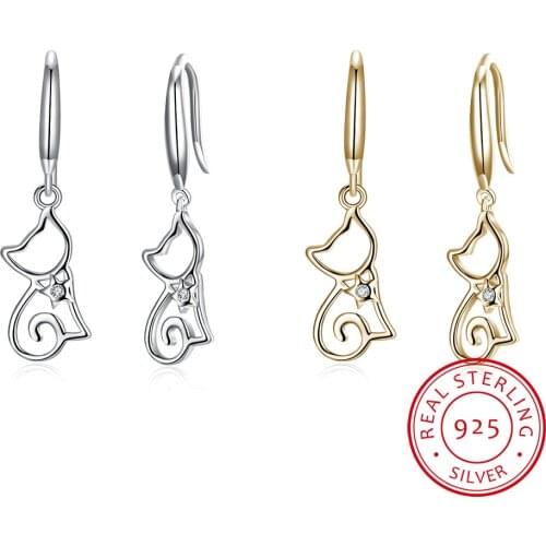LEKANI 100% Real 925 Sterling Silver Earring Sweet Cute Cat Drop Earrings Charming Fine Jewelry Christmas Gifts For Women