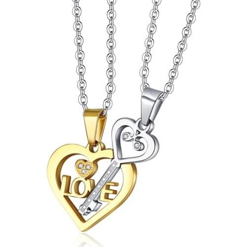 Romantic Heart-shaped Key Pendant Couple Necklace 2-Piece Set Stainless Steel Crystal Accessories Fashion Valentines Day Gift
