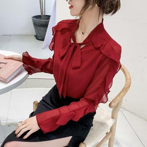 2021 autumn new chiffon shirt long-sleeved Korean fashion ruffled thin bow shirt blouse female