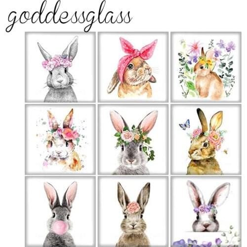 New Cute Flower rabbit Easter day Square 10pcs mixed 12mm/20mm/25mm/30mm photo glass cabochon demo flat back Making findings