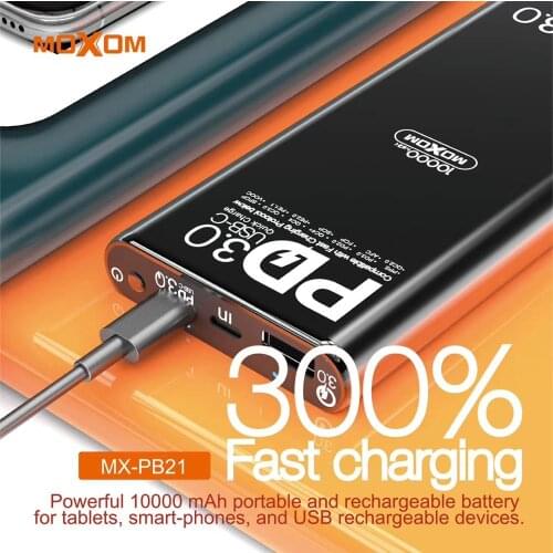MOXOM New 10000mAh Power Bank For iPhone Samsung Huawei Type C PD Fast Charging + Quick Charge 3.0 USB Powerbank