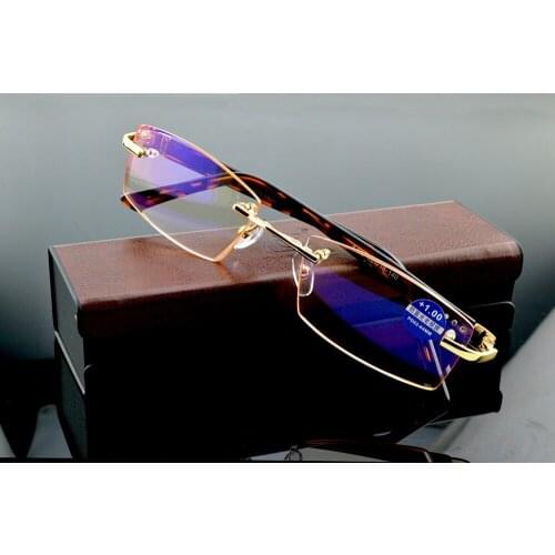 Diamond Cutting Titanium Alloy Rimless Royal Deluxe Men shallow brown Reading Glasses +0.75 +1 +1.5 +1.75 +2 +2.5 +2.75 To +4