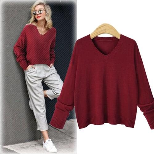 Queechalle 2020 Autumn Sweaters Womens V neck Casual Knitted Pullover Sweater Female Solid Color Loose Sweater Plus Size Tops