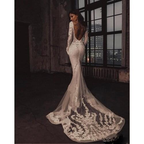 2020 Luxury Mermaid Wedding Dresses Long Sleeves Lace Appliques Beadings Backless