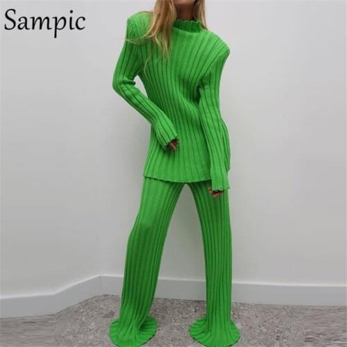 Sampic Casual Women Knitted Pullover 2021 Winter Green Long Skinny Sweater Tops Striped Long Sleeve Jumper Shoulder Pads Sweater