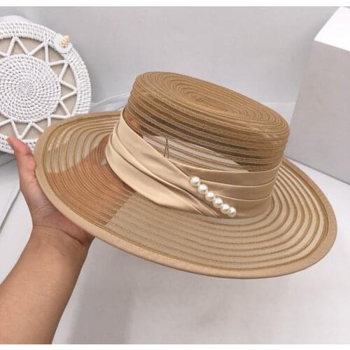 Gold organza flat top hat womens fashion euramerican show breathable cool hat holiday big eave shade grass sun hats