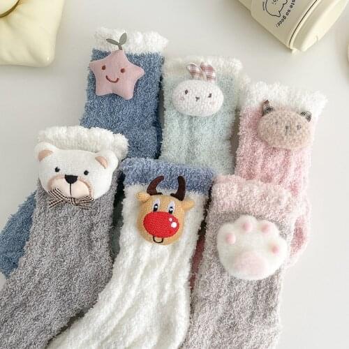 SP&CITY Winter Kawaii Cartoon Medium Tube Socks Women Animal Patterned Thick Warm Cute Short Socks Kawaii Casual Floor Home Sock