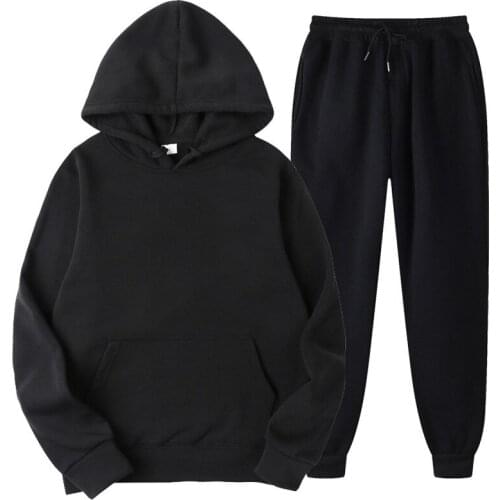 2Pcs Sport Suit Fitness Solid Color Womens Tracksuits Hooded Pullover Sweatshirt Casual Pants Sets Sportswear Male