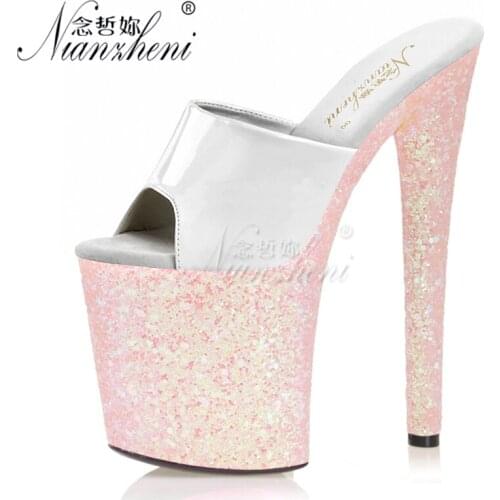 Trend Patent leather All match Color Womens Slippers 20CM Super High heeled shoes Thick platform 8 inches Fashion Flash powder