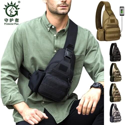 Protector Plus Military Tactical Bag USB Interface Men Outdoor Camping Shoulder Kettle Bags Army Fishing Chest Molle Backpack
