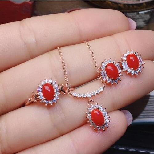 Smiling Diana Flower Natural red coral S925 silver ring earrings Pendant natural gemstone Jewelry Set girl wedding gift jewelry