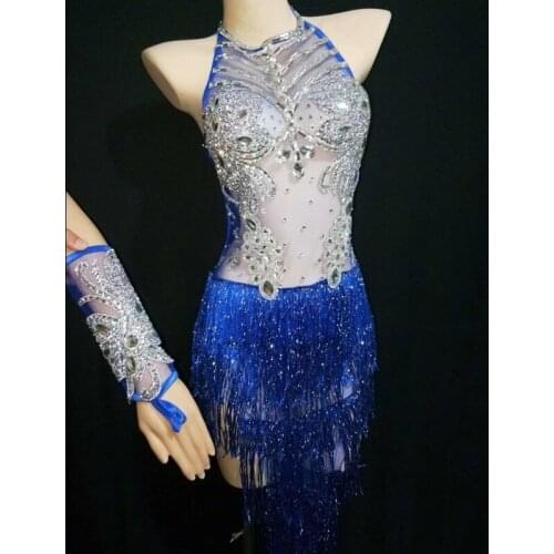 Women Sexy Fashion Rhinestone Perspective Slim Bandage Latin Skirt Blue Crytals Tassels Womens Dancing Performance Clothing