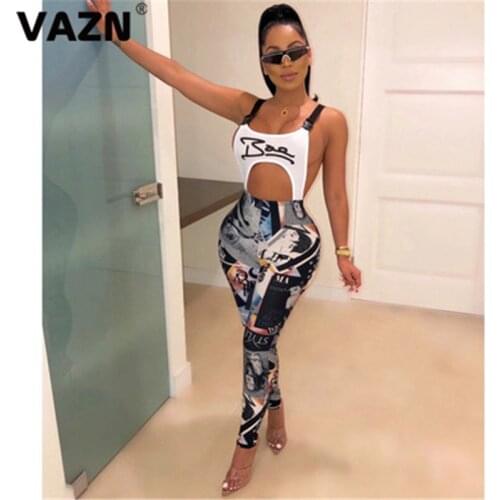 VAZN new design fashion summer strapless print bandage women jumpsuit sleeveless long pencil pant jumpsuits sexy club rompers