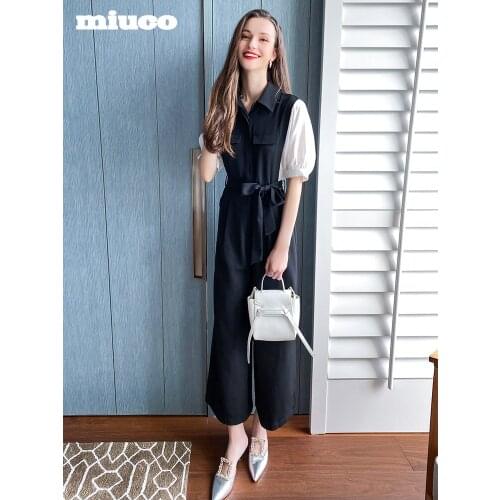 Contrast stitching Lantern Sleeve high waist belt loose wide leg Jumpsuit womens wear 2021 Spring new High Quality Top Quality