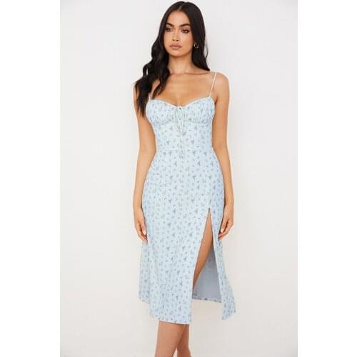 2021 Summer Floral Print Casual Slim Sexy Spaghetti Strap Women Split Party Dress Harajuku French Vestido Girl Korean Robe F376B