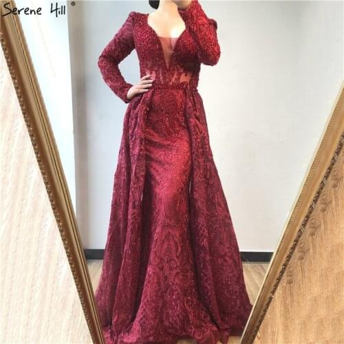 Serene Hill Burgundy Long Sleeves Mermaid Evening Dress 2021 Dubai Crystal Luxury V-Neck Formal Party Gown Plus Size CLA70159