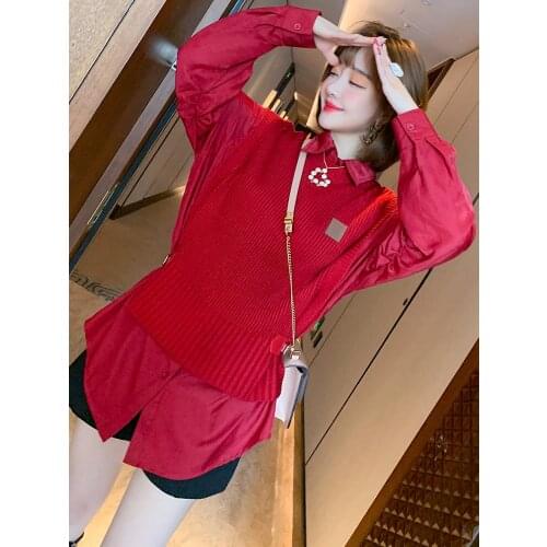 Split leather buckle knitted vest+Two piece shirt with Lapel for women 2021 Spring new High Quality Top Quality