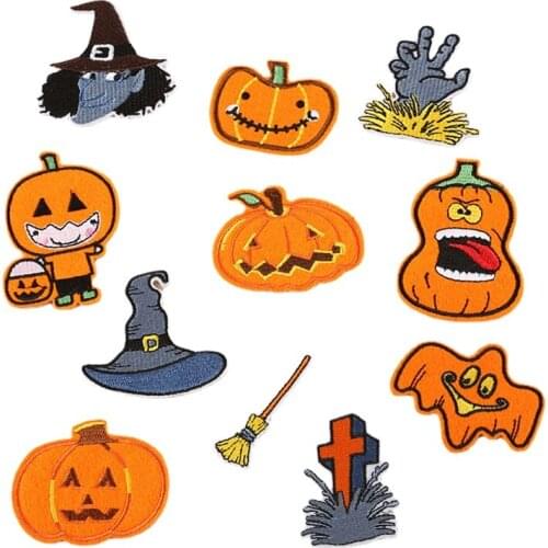 20pcs/lot Embroidery Patch Clothing Accessories Biker Decoration Pumpkin Cross Skeleton Ghost Halloween Badge Iron Heat Transfer