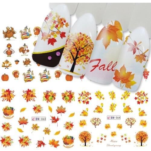 12pcs Mix Autumn Nail Sticker Water Decal Thanksgiving Day Yellow Gold Leaf Turkey Watermark Slider Manicure Decor Tips