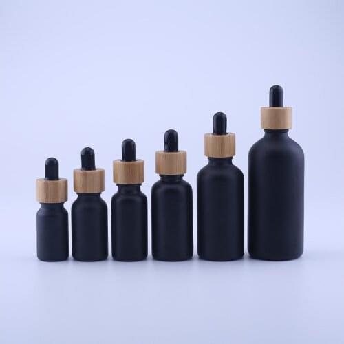 200pcs Dropper Bottle Frosted Black Glass Bamboo cap Aromatherapy Refillable Bottle For Essential Massage Oil Pipette Container
