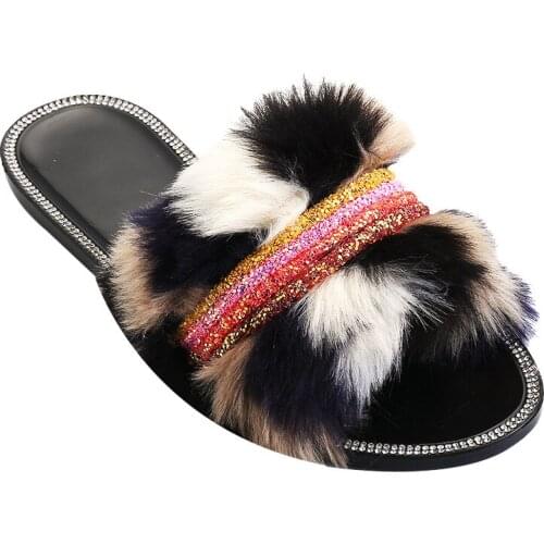 2021 Summer Sexy Faux Fur Rhinestone Slippers Women Furry Fluffy Sandals House Flats Shoes Female Casual Flip Flops Slides