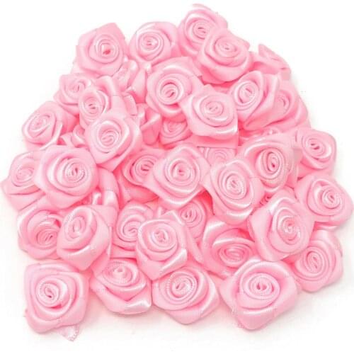 100pcs Pink 25mm Ployester Ribbon Rose Flowers Decorative Wedding Bouquet Flower Decorations Embellishments