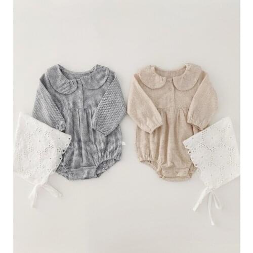 Baby Girl Plaid Long Sleeve Romper Baby Cotton Jumpsuit with Hat Baby Girl Outfit 2 Piece Set