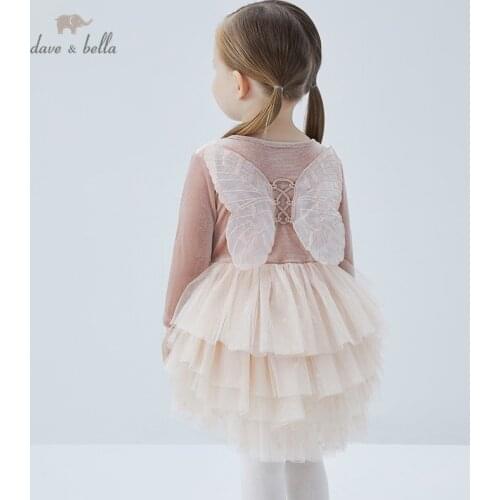 DB16932 dave bella spring baby girls cute cartoon embroidery mesh dress children fashion party dress kids infant lolita clothes