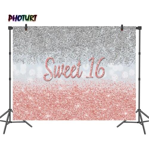 PHOTURT Sweet 16 Photography Background for Silver and Rose Gold Backdrop Sixteen Birthday Banner Photo Studios Props