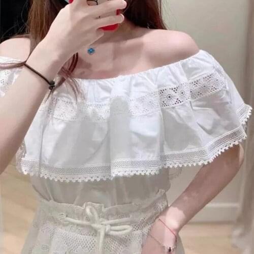 White French Summer Women One Shoulder Hollow Out Lace Sleeveless T-Shirt High Version Female Elegant Tee Ladies New Tops ML153