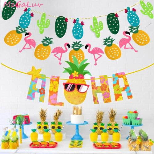 Hawaiian ALOHA Party Deocrations Pineapple Flamingo Cactus Banner Summer Tropical Flamingo Birthday Luau Beach Party Favors
