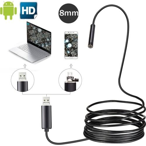 HD 2in1Android USB Endoscope 8mm lens 1m 5m 10m 8LED IP67 Waterproof Inspection Borescope Tube Camera OTG Android Phone 720P