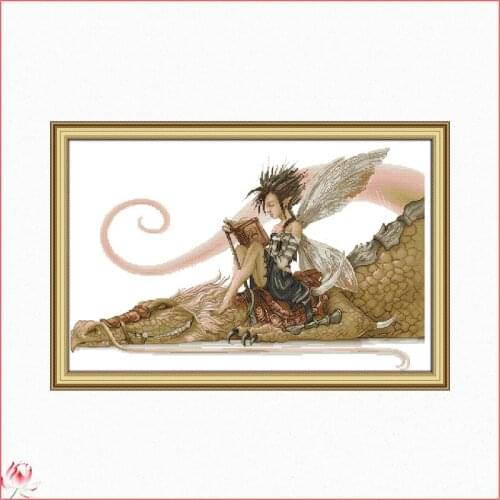 The Girl Sat On The Dragon Reading Cross Stitch Kits Counted Canvas Embroidery Sets 11CT 14CT DIY Handmade Needlework Home Deco