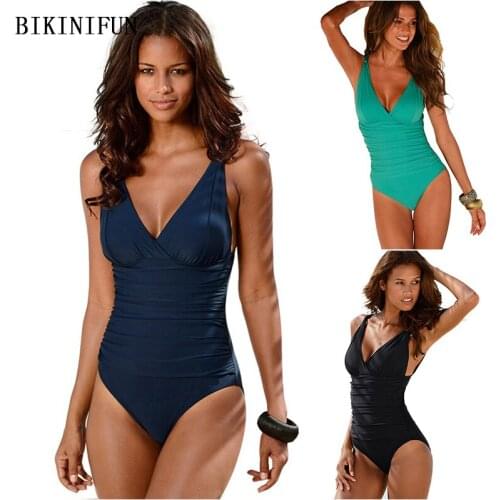 2020 New Sexy V-Neck Swimsuit Women One Piece Suit Solid Color Bathing Suit Plus Size Swimwear M-4XL Girl Front Ruffled Monokini