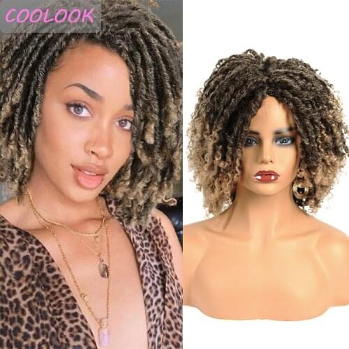 Ombre Brown Dreadlock Wigs Synthetic Short Curly Locs Wigs for Afro Women Heat Resistant Fiber Shoulder Length Braided Twist Wig