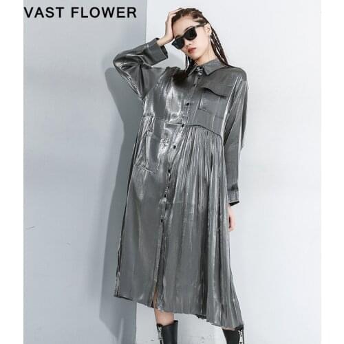 Plus Size Pleated Shirt Dress Women Long Sleeve Lapel Loose Casual Clothes Fashion Elegant Ladies Dresses 2021 Spring Autumn