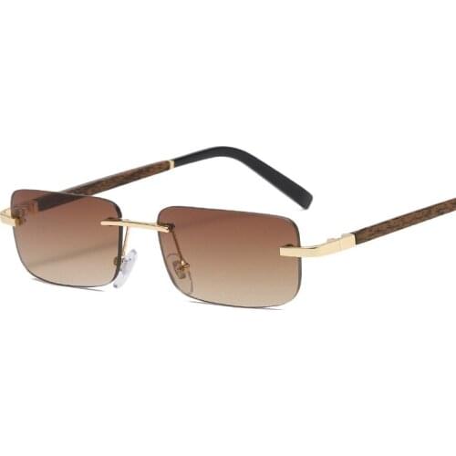 New square frameless retro sunglasses men and women trend wood grain legs sunglasses fashion personality art UV400 glasses